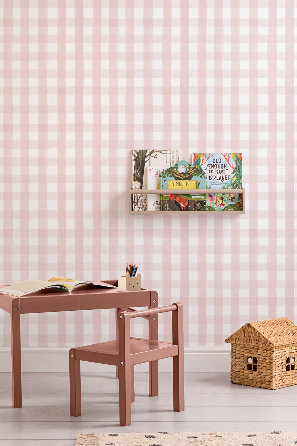The Meadow Gingham wallpaper in ballet pink in a children's room setting, another angle