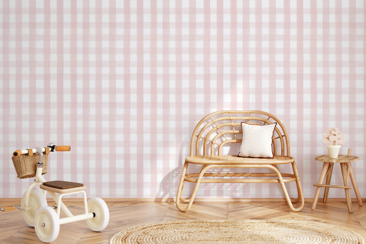 The Meadow Gingham wallpaper in ballet pink in a children's room setting, view 3