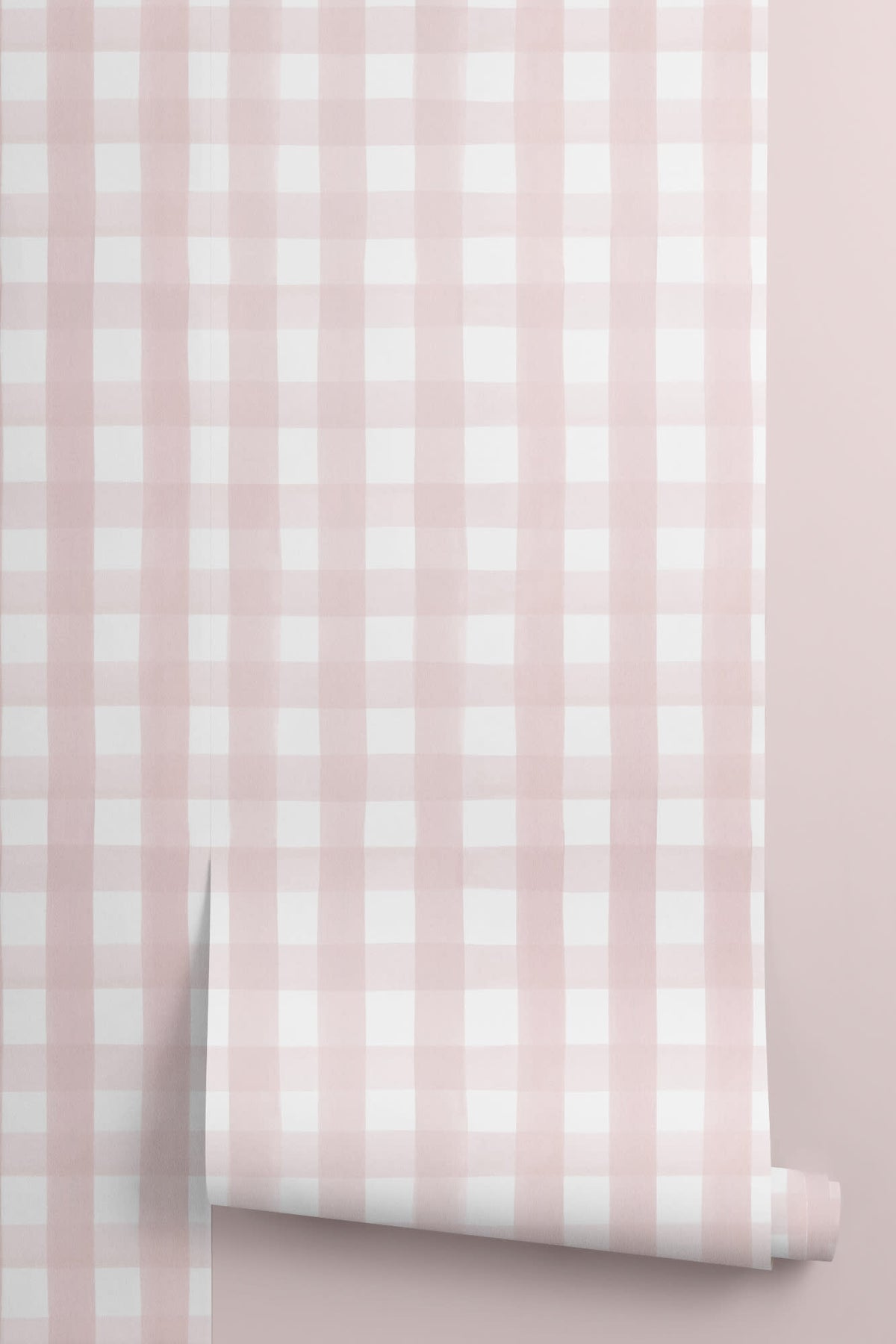 Roll of The Meadow Gingham wallpaper in ballet pink, another angle