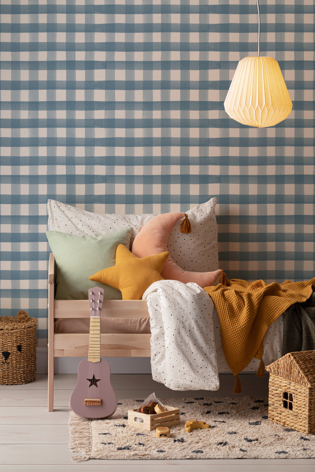 The Meadow Gingham wallpaper in navy and chambray in a child's bedroom