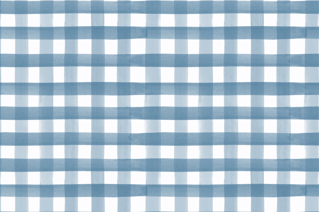 Flat pattern view of The Meadow Gingham wallpaper in navy and chambray, showing the painted gingham check