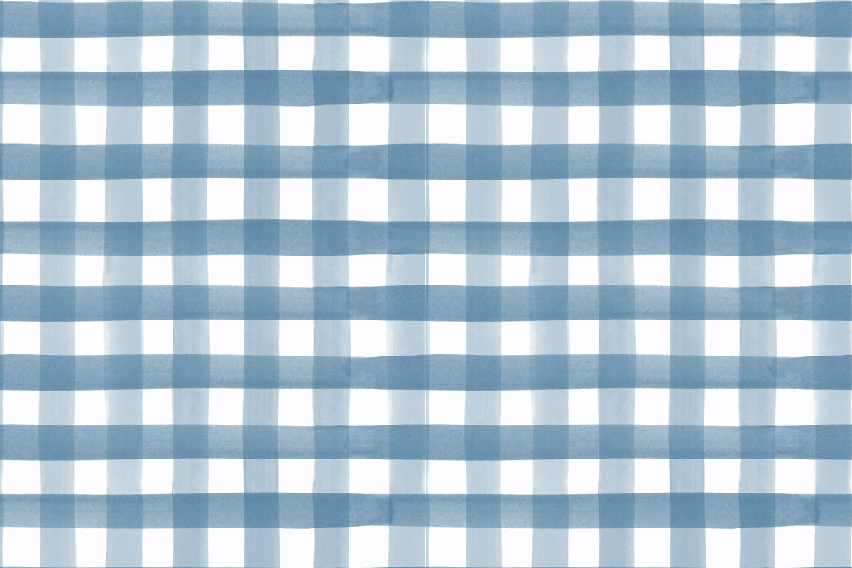 Flat pattern view of The Meadow Gingham wallpaper in navy and chambray, showing the painted gingham check