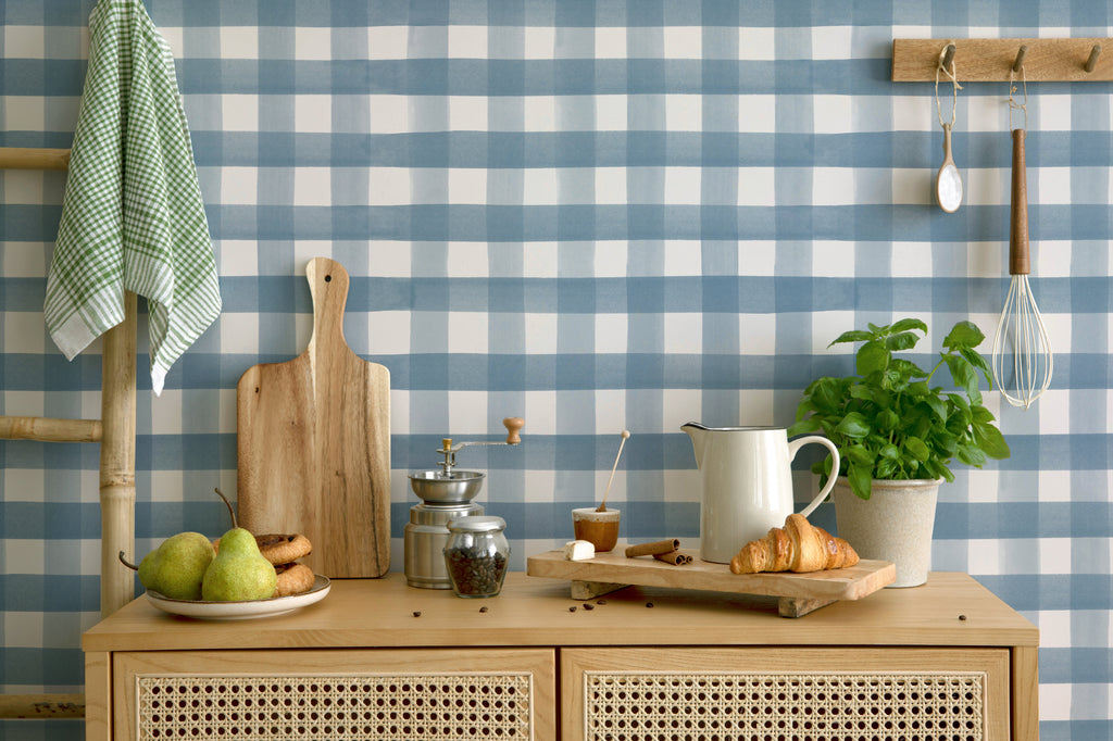 The Meadow Gingham wallpaper in navy and chambray in a kitchen