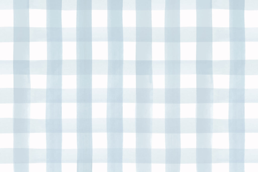 Flat pattern view of The Meadow Gingham wallpaper in powder blue, showing the painted gingham check