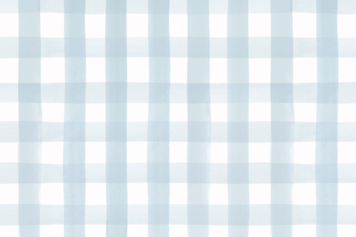Flat pattern view of The Meadow Gingham wallpaper in powder blue, showing the painted gingham check
