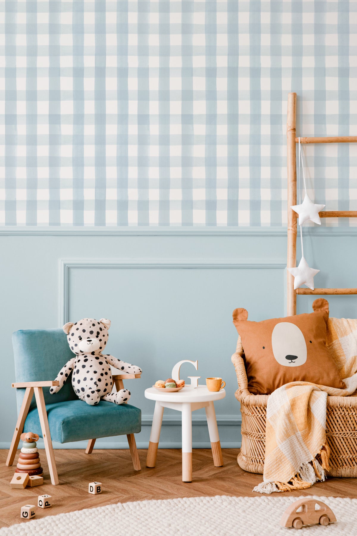 The Meadow Gingham wallpaper in powder blue in a children's room setting