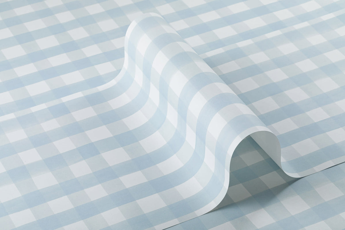 Roll of The Meadow Gingham wallpaper in powder blue