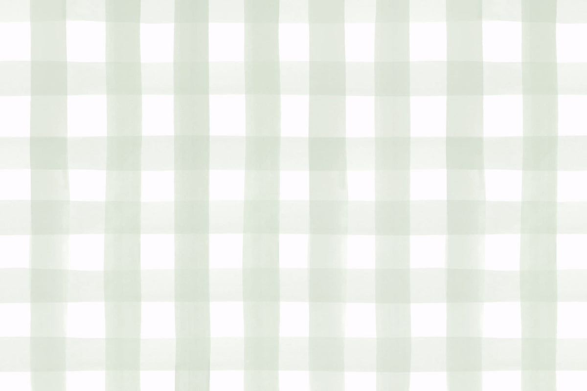 Flat pattern view of The Meadow Gingham wallpaper in sage green and white, showing the painted gingham check