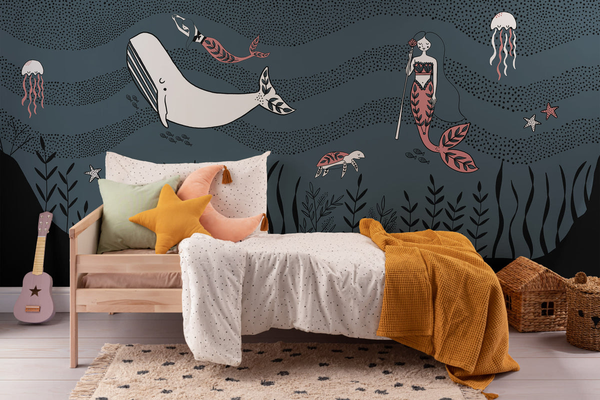 The Mermaid Grotto mural in deep ocean in a child's bedroom