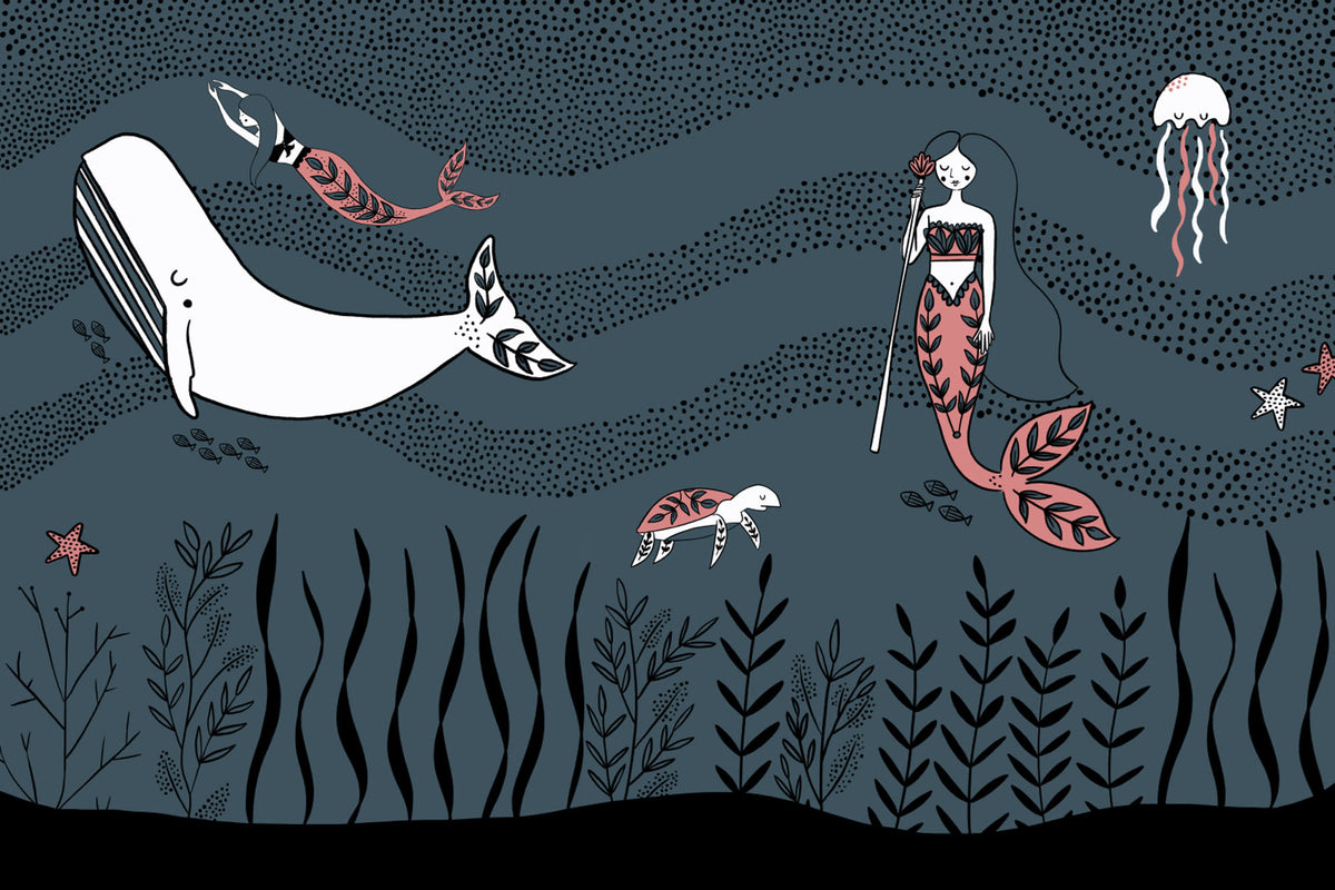 Full artwork view of The Mermaid Grotto mural in deep ocean, showing mermaid, whale and sea life