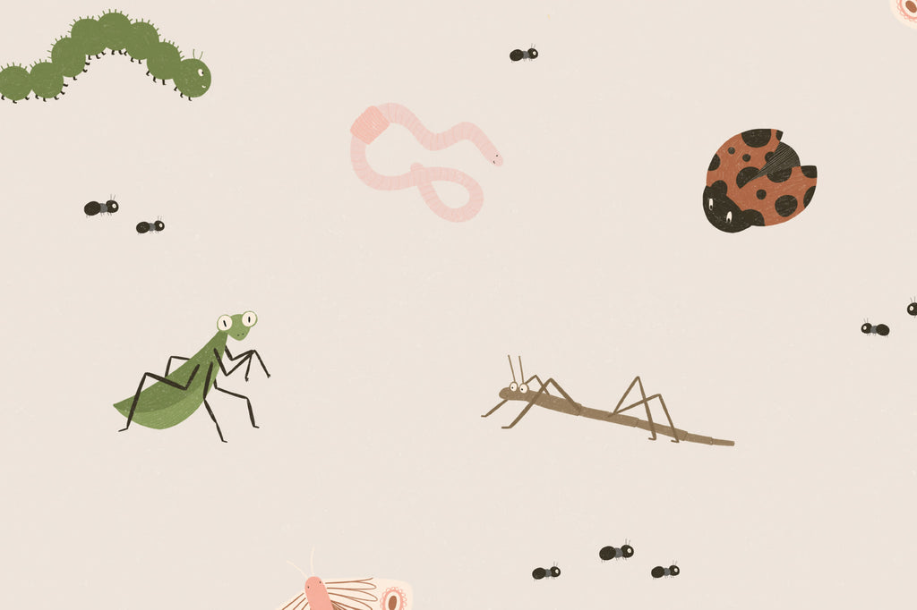 Flat pattern view of The Minibeast Garden wallpaper in soft neutral, showing the garden bugs and insects