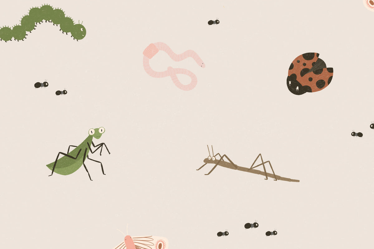Flat pattern view of The Minibeast Garden wallpaper in soft neutral, showing the garden bugs and insects