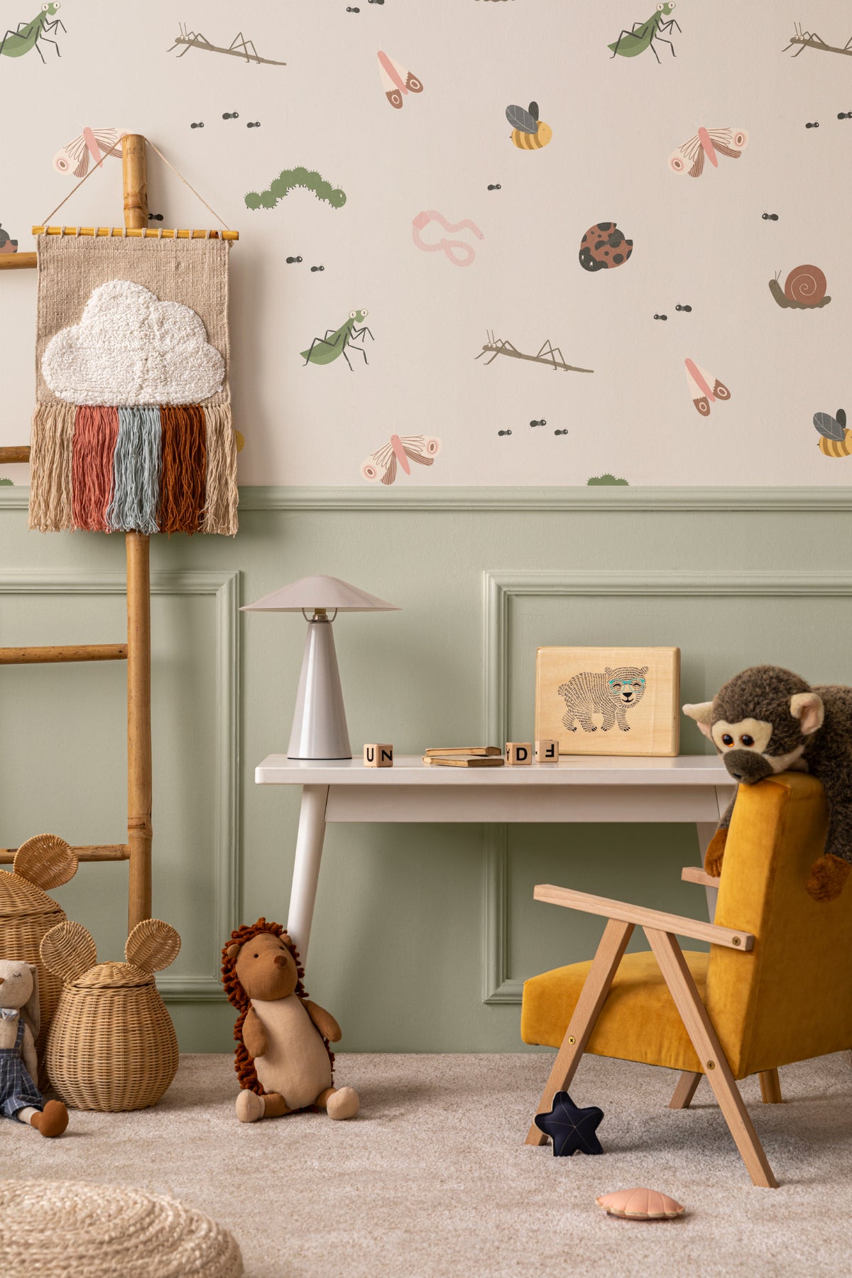 The Minibeast Garden wallpaper in soft neutral in a children's room setting