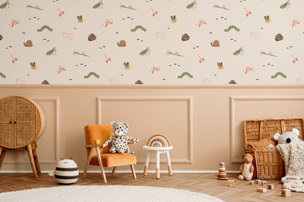 The Minibeast Garden wallpaper in soft neutral in a children's room setting, view 3