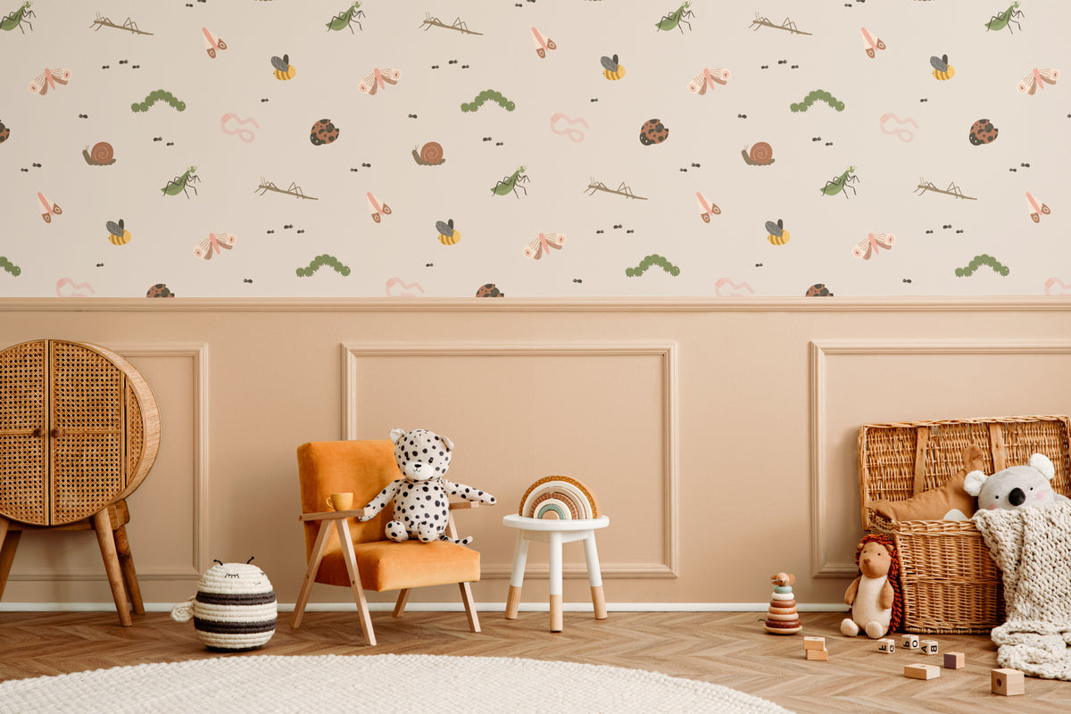 The Minibeast Garden wallpaper in soft neutral in a children's room setting, view 3