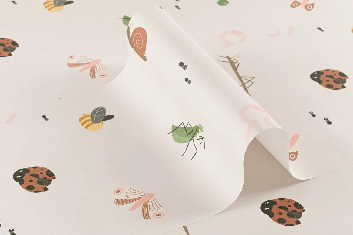 Roll of The Minibeast Garden wallpaper in soft neutral