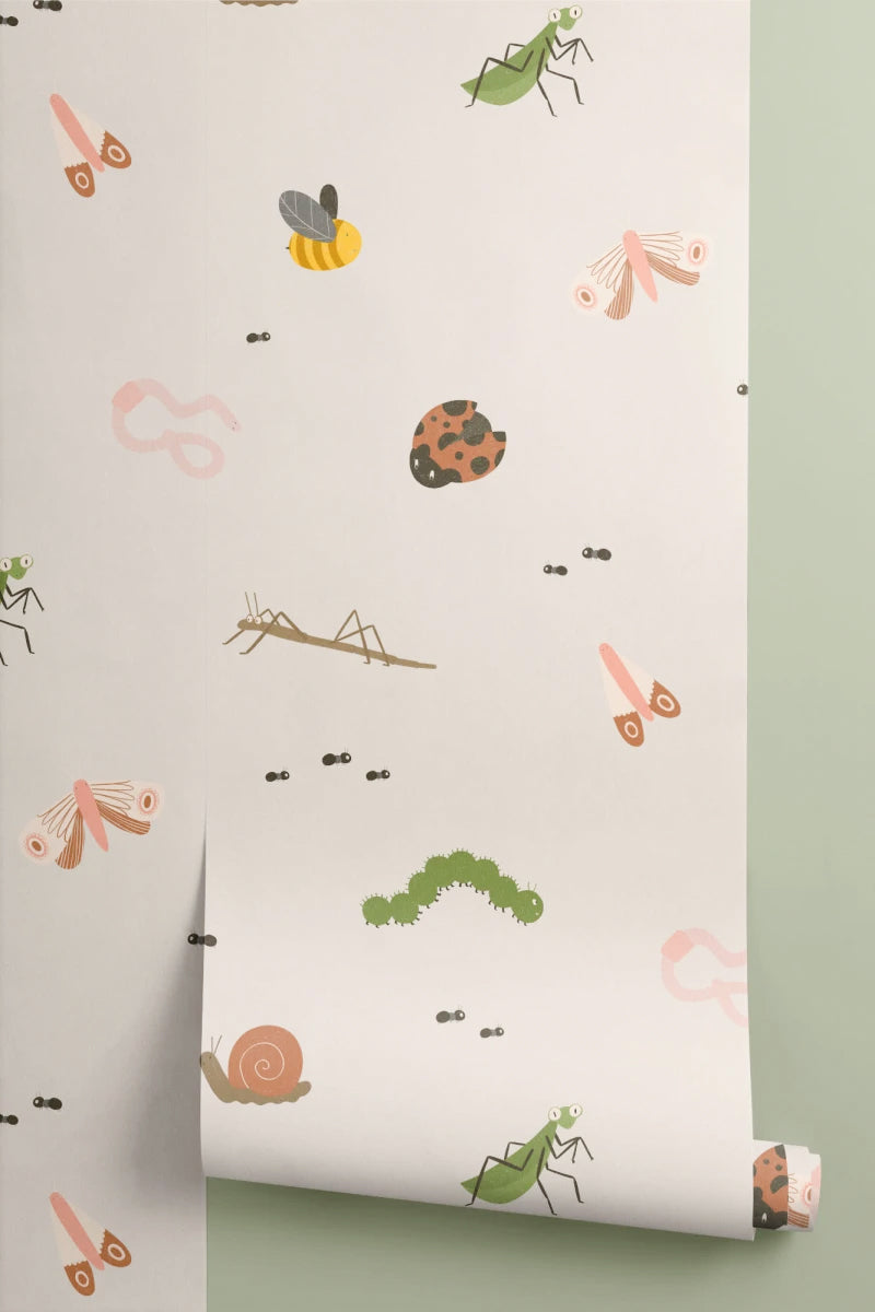 Roll of The Minibeast Garden wallpaper in soft neutral, another angle