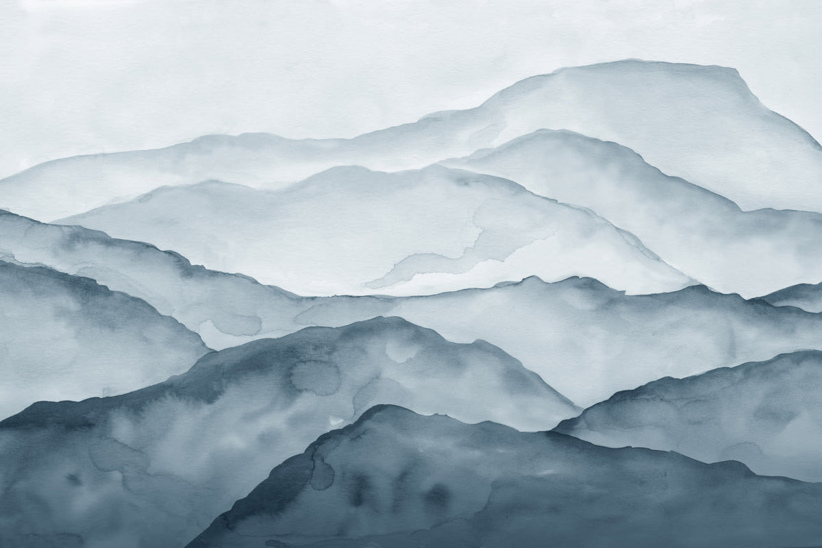 Full artwork view of The Misted Ranges mural in ink and ice blue, showing layered watercolour mountains