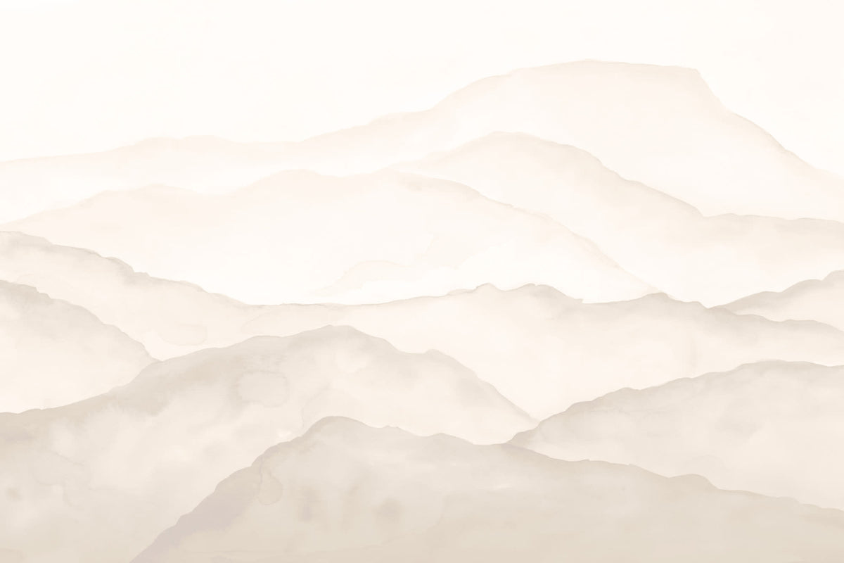 Full artwork view of The Misted Ranges mural in sand and cream, showing layered watercolour mountains