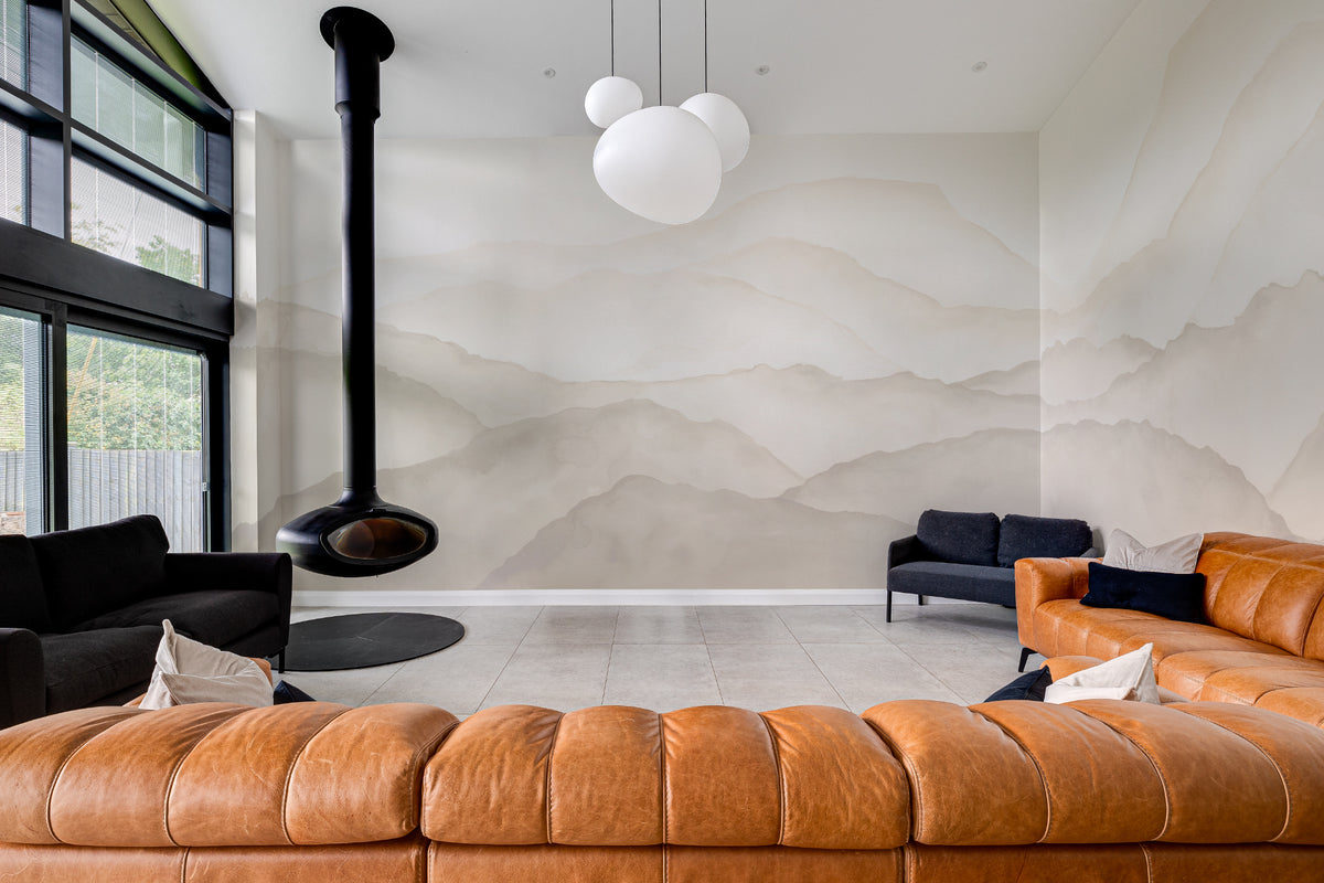 The Misted Ranges mural in sand and cream in a lounge setting