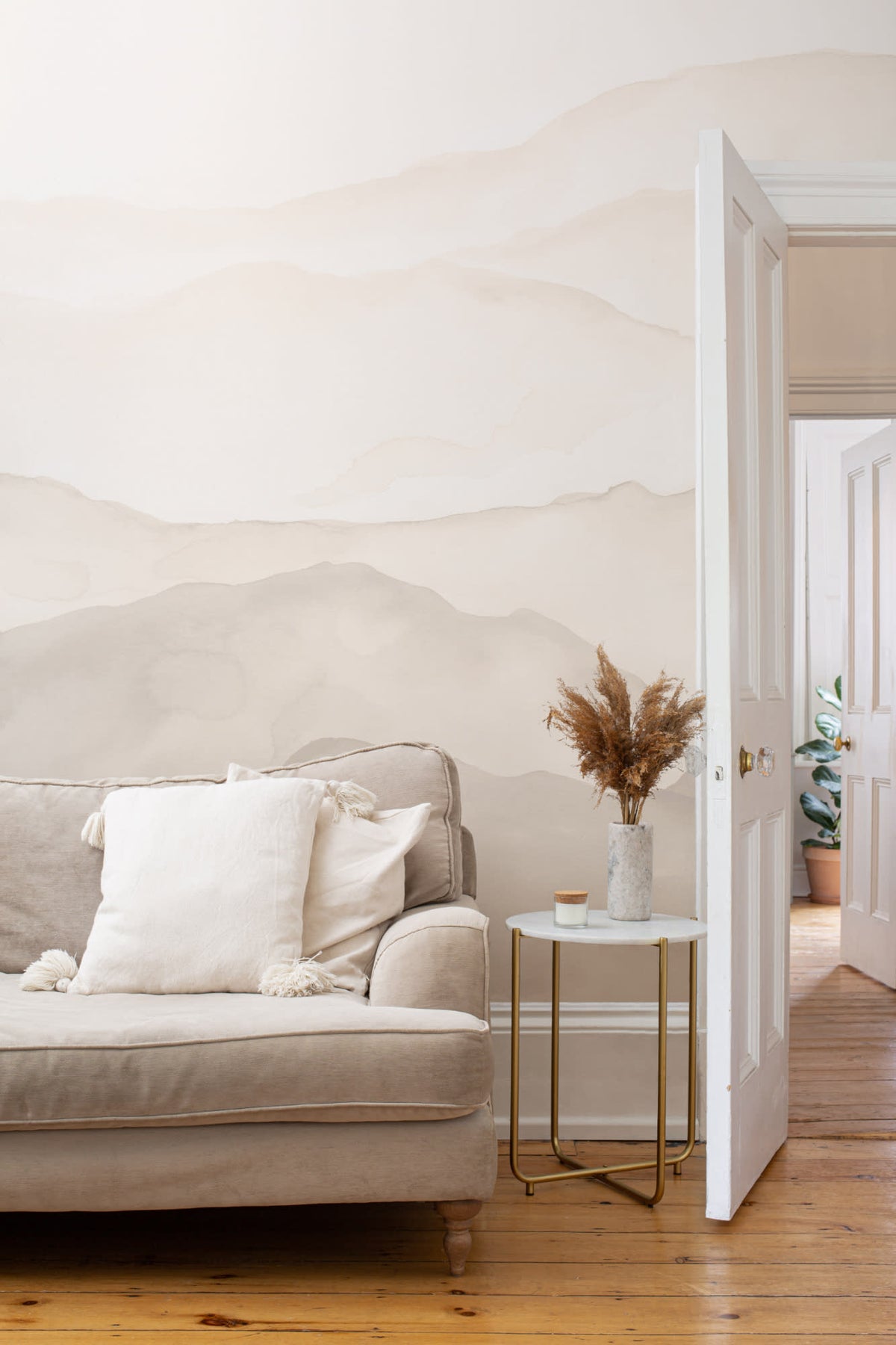 The Misted Ranges mural in sand and cream in a lounge setting, another angle