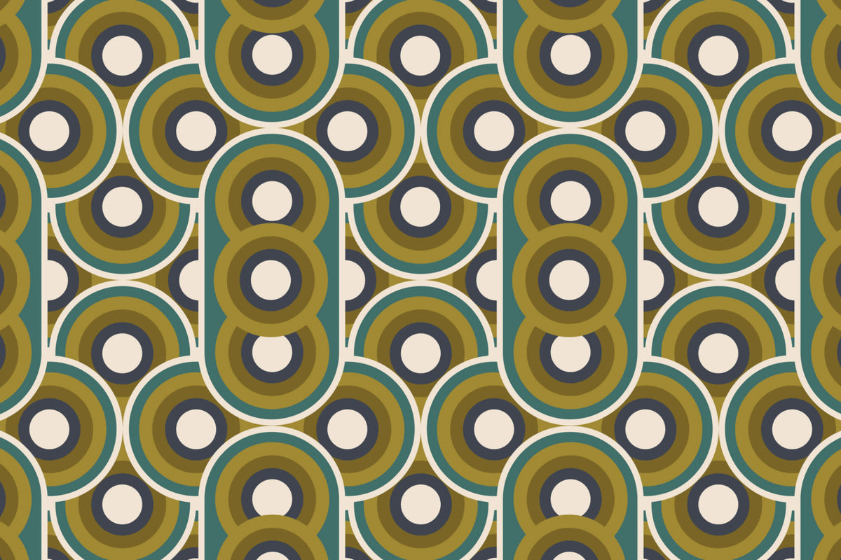 Flat pattern view of The Mod Portico wallpaper in olive and chocolate, showing the retro concentric arches