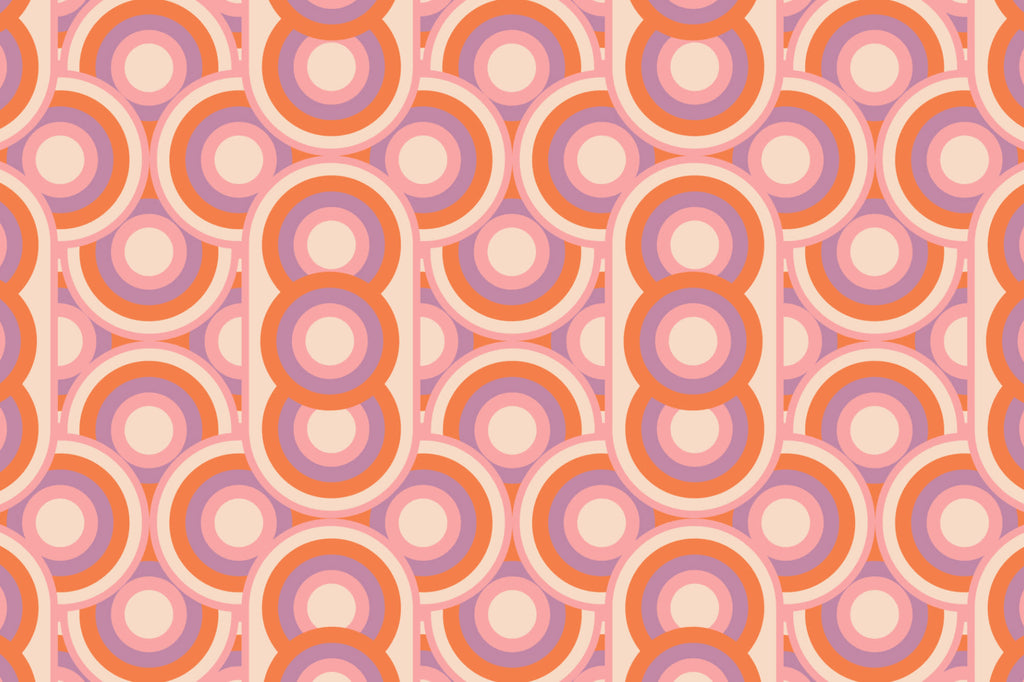 Flat pattern view of The Mod Portico wallpaper in tangerine and pink, showing the retro concentric arches