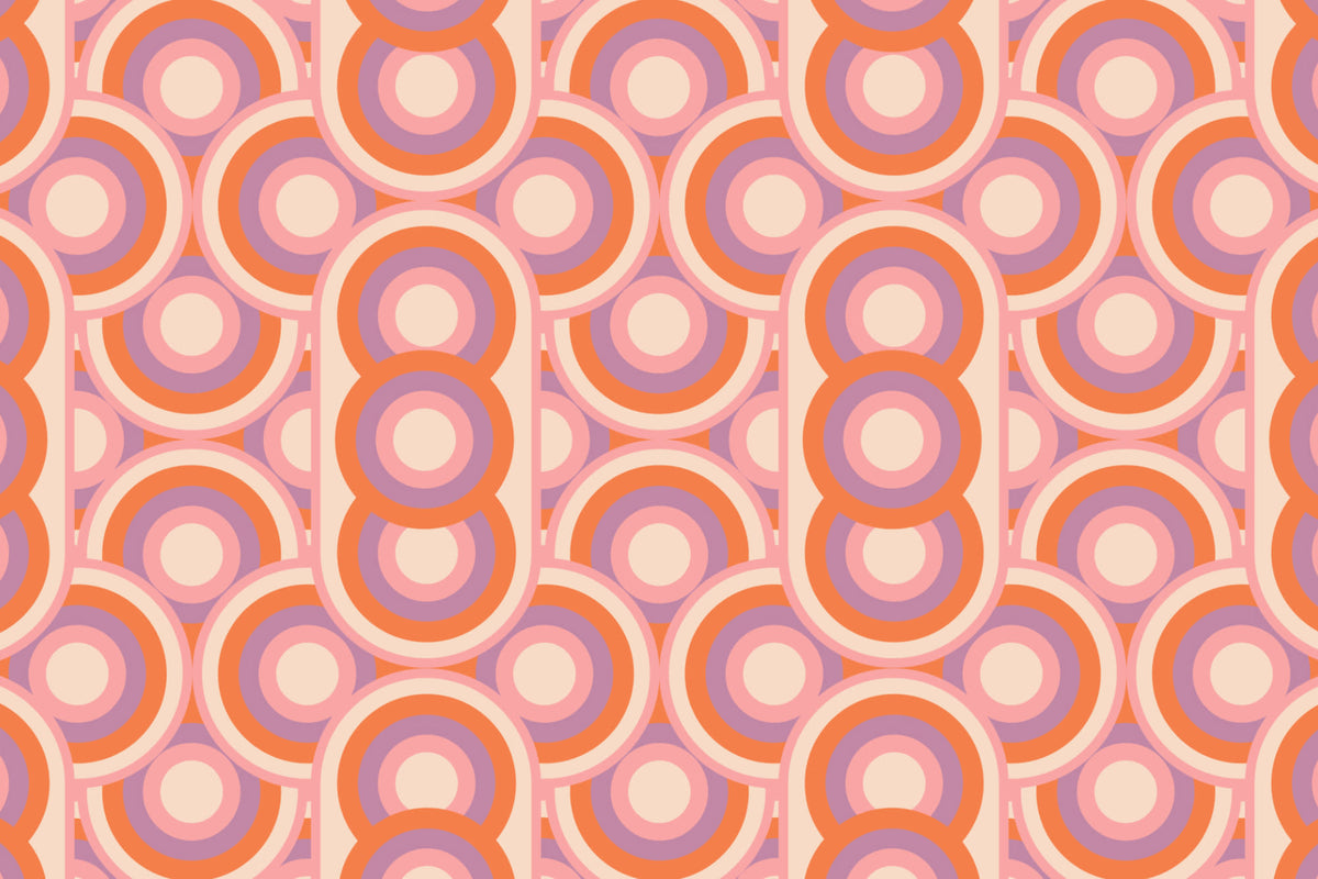 Flat pattern view of The Mod Portico wallpaper in tangerine and pink, showing the retro concentric arches