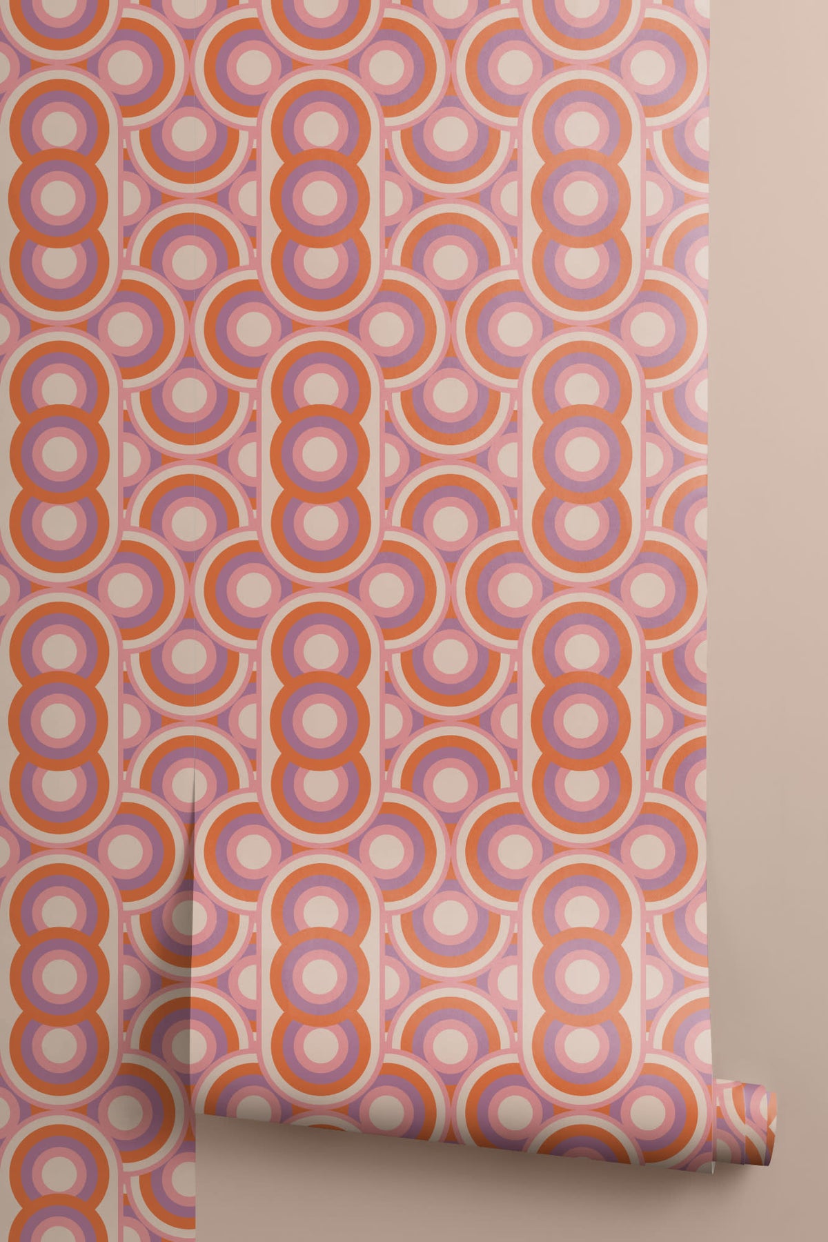 Roll of The Mod Portico wallpaper in tangerine and pink, another angle