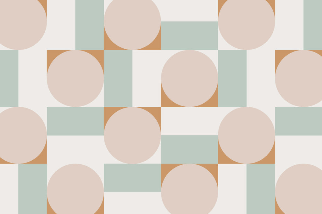 Flat pattern view of The Modernist Mosaic wallpaper in blush and sage, showing the interlocking circles and squares