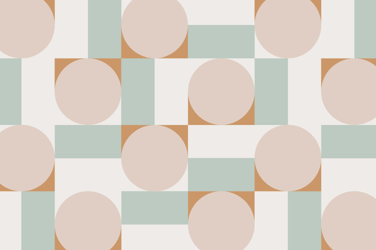 Flat pattern view of The Modernist Mosaic wallpaper in blush and sage, showing the interlocking circles and squares