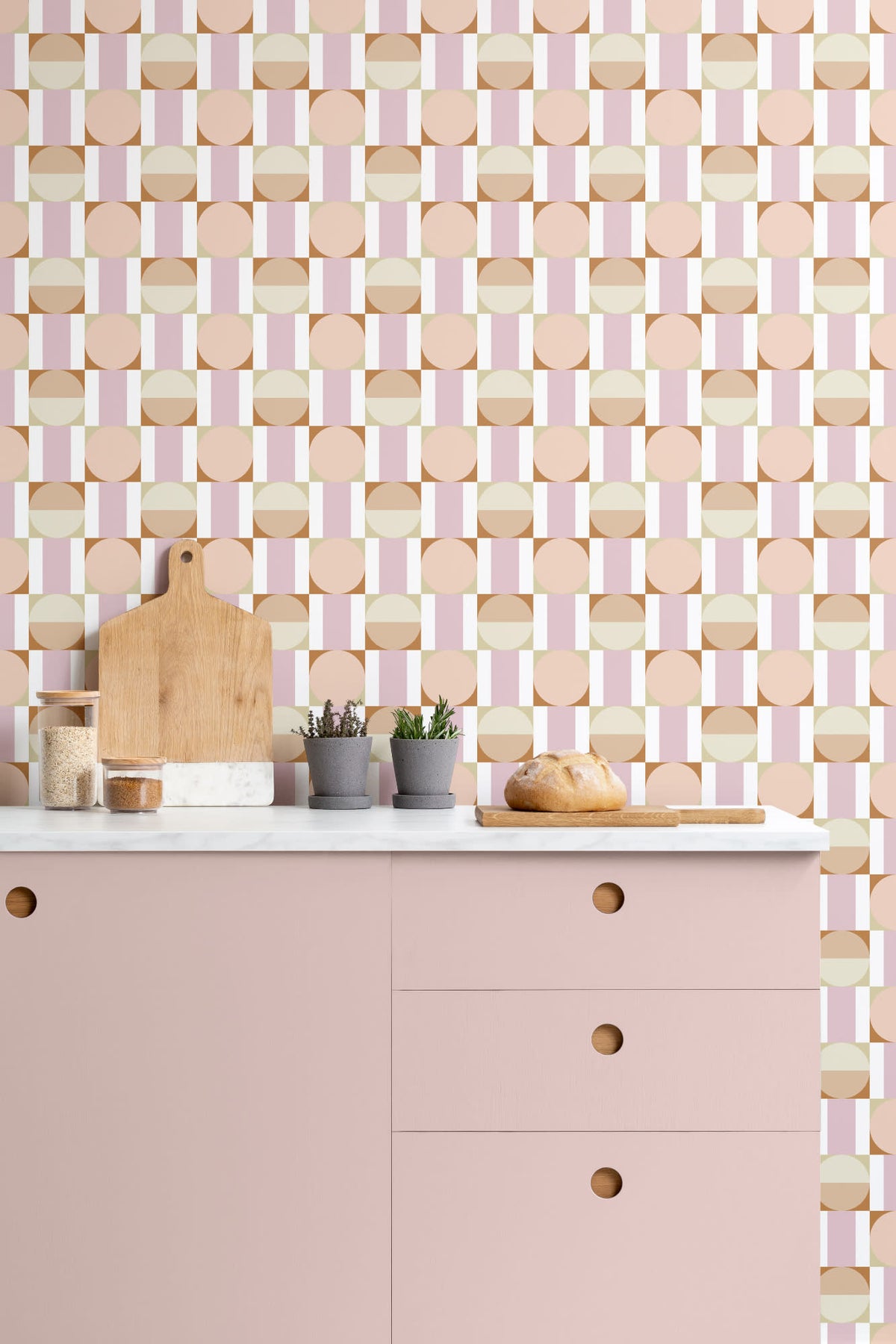 The Modernist Mosaic wallpaper in peach and rose in a child's bedroom