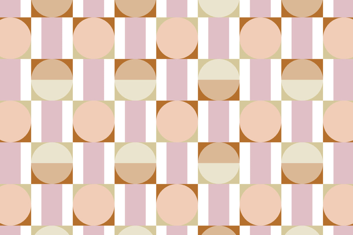 Flat pattern view of The Modernist Mosaic wallpaper in peach and rose, showing the interlocking circles and squares