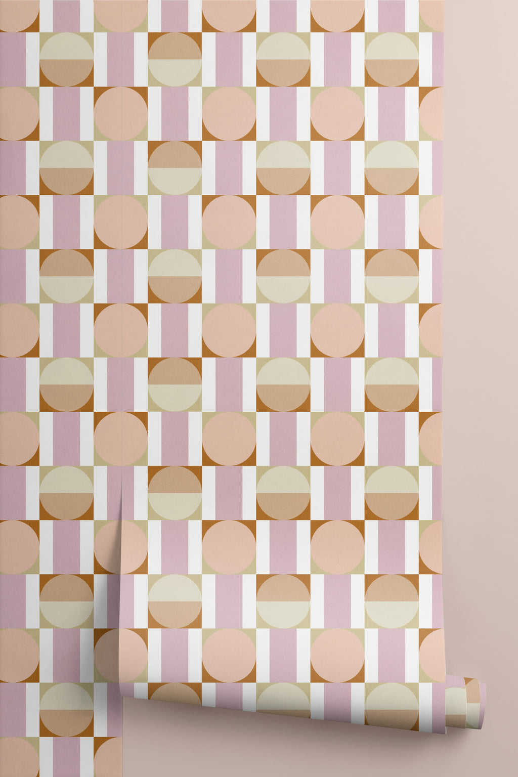 Roll of The Modernist Mosaic wallpaper in peach and rose, another angle