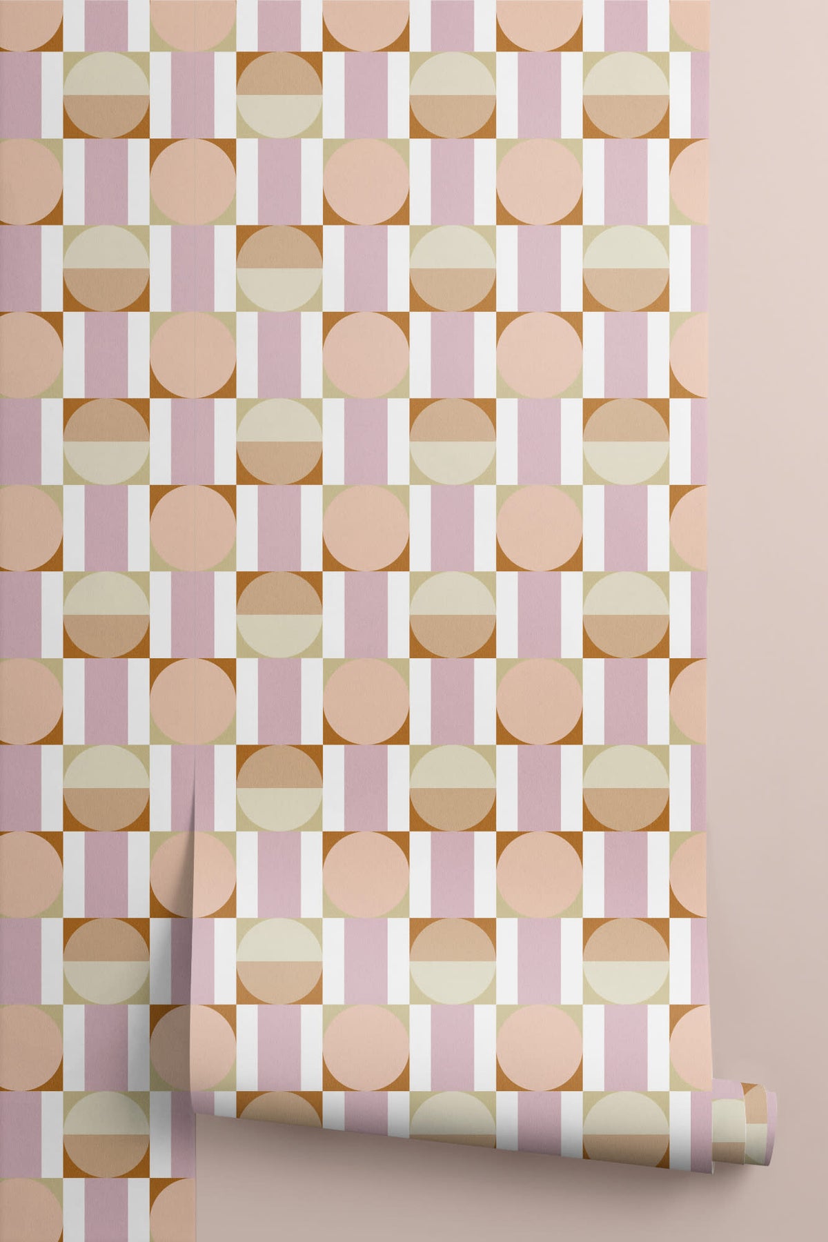 Roll of The Modernist Mosaic wallpaper in peach and rose, another angle