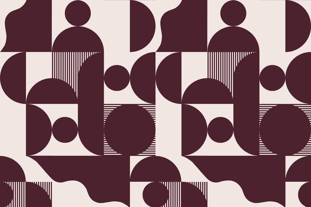 Flat pattern view of The Modernist Quadrant wallpaper in burgundy plum, showing the mid-century geometric shapes