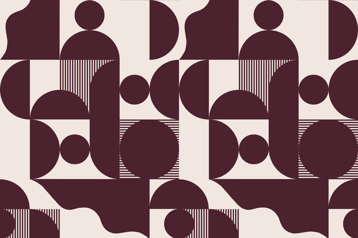 Flat pattern view of The Modernist Quadrant wallpaper in burgundy plum, showing the mid-century geometric shapes