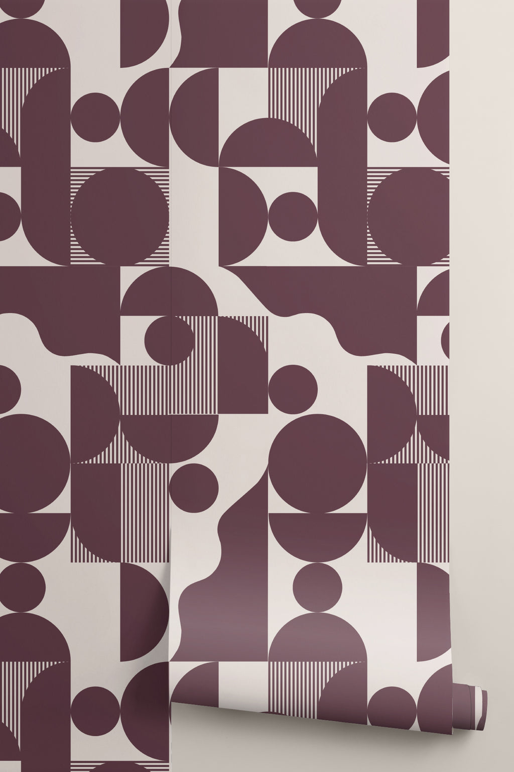 Roll of The Modernist Quadrant wallpaper in burgundy plum