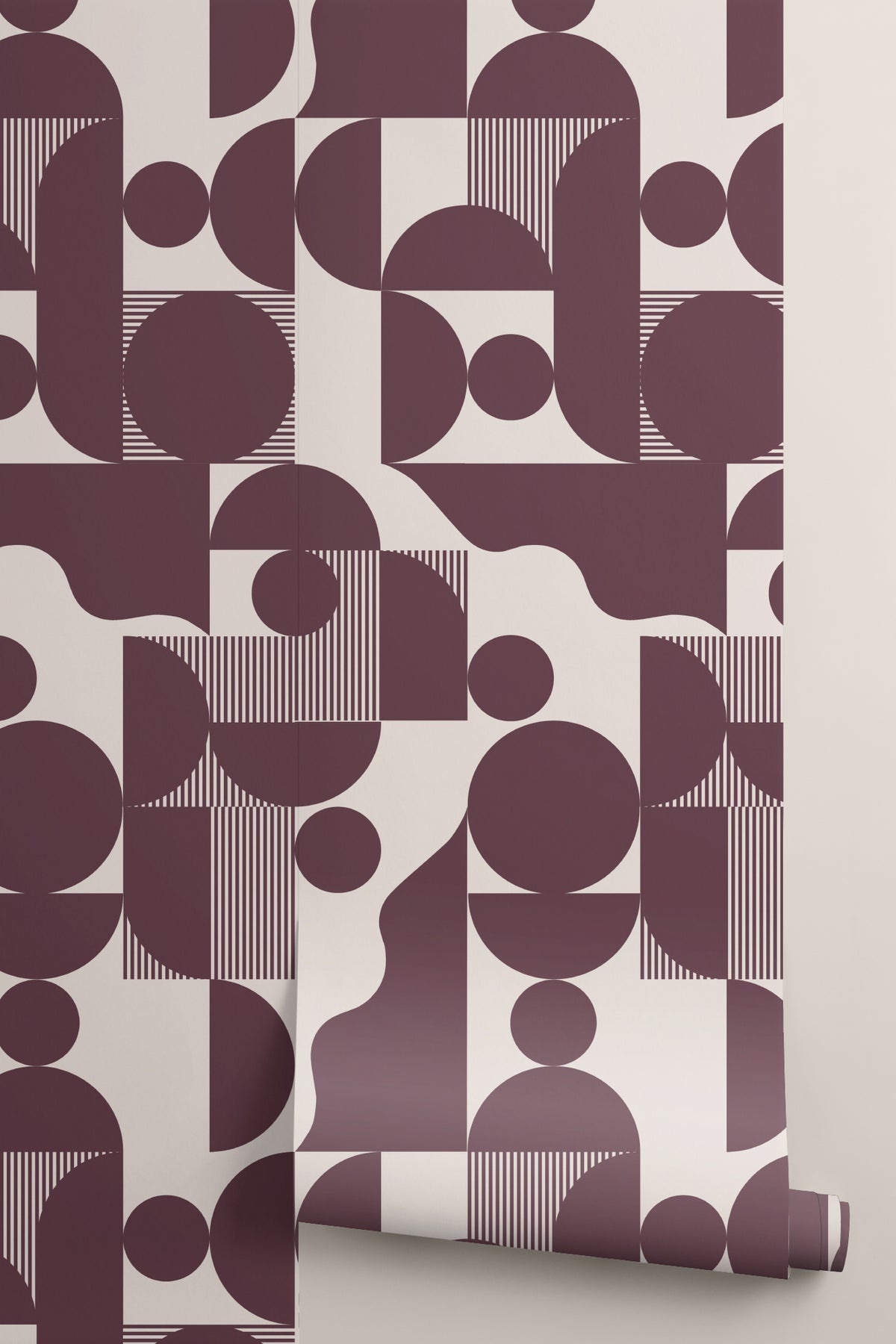 Roll of The Modernist Quadrant wallpaper in burgundy plum
