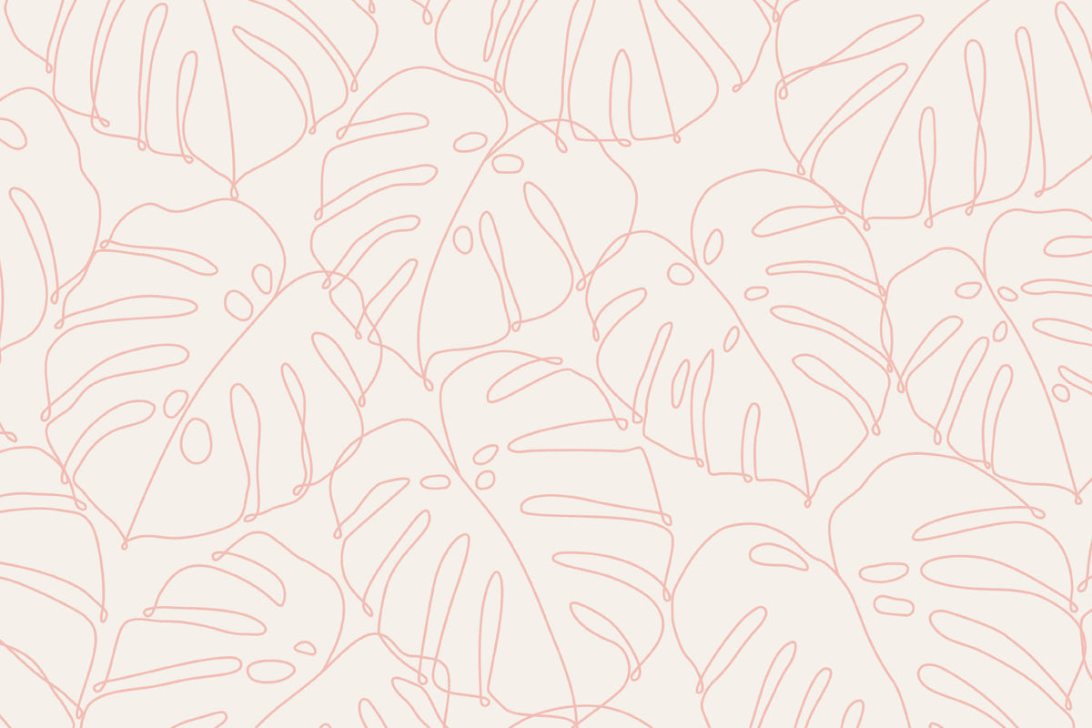 Flat pattern view of The Monstera Loggia wallpaper in blush and cream, showing the outlined monstera leaves