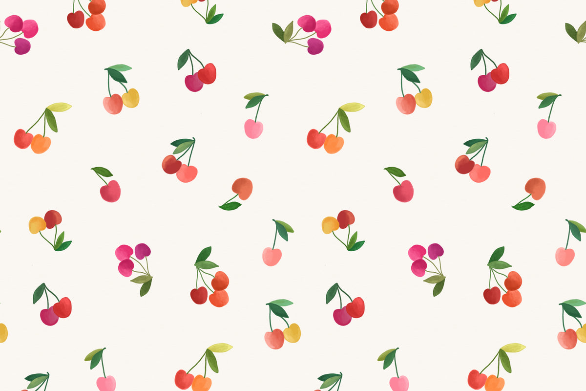 Flat pattern view of The Morello Orchard wallpaper in cherry red and cream, showing the pairs of ripe cherries