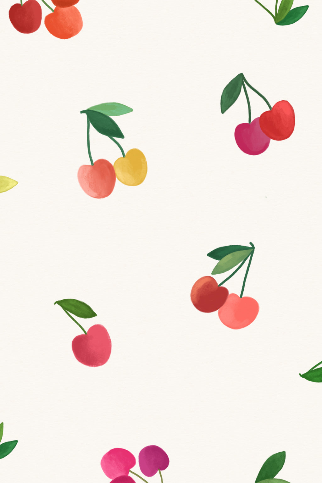 Close-up of The Morello Orchard wallpaper in cherry red and cream showing the pairs of ripe cherries in detail