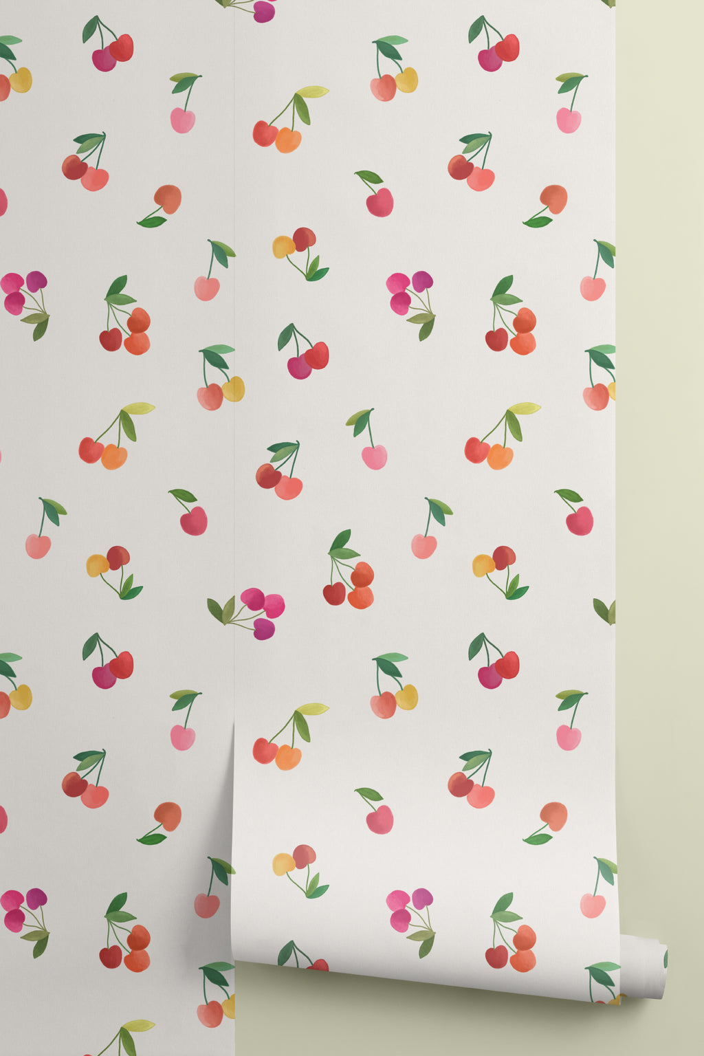Roll of The Morello Orchard wallpaper in cherry red and cream