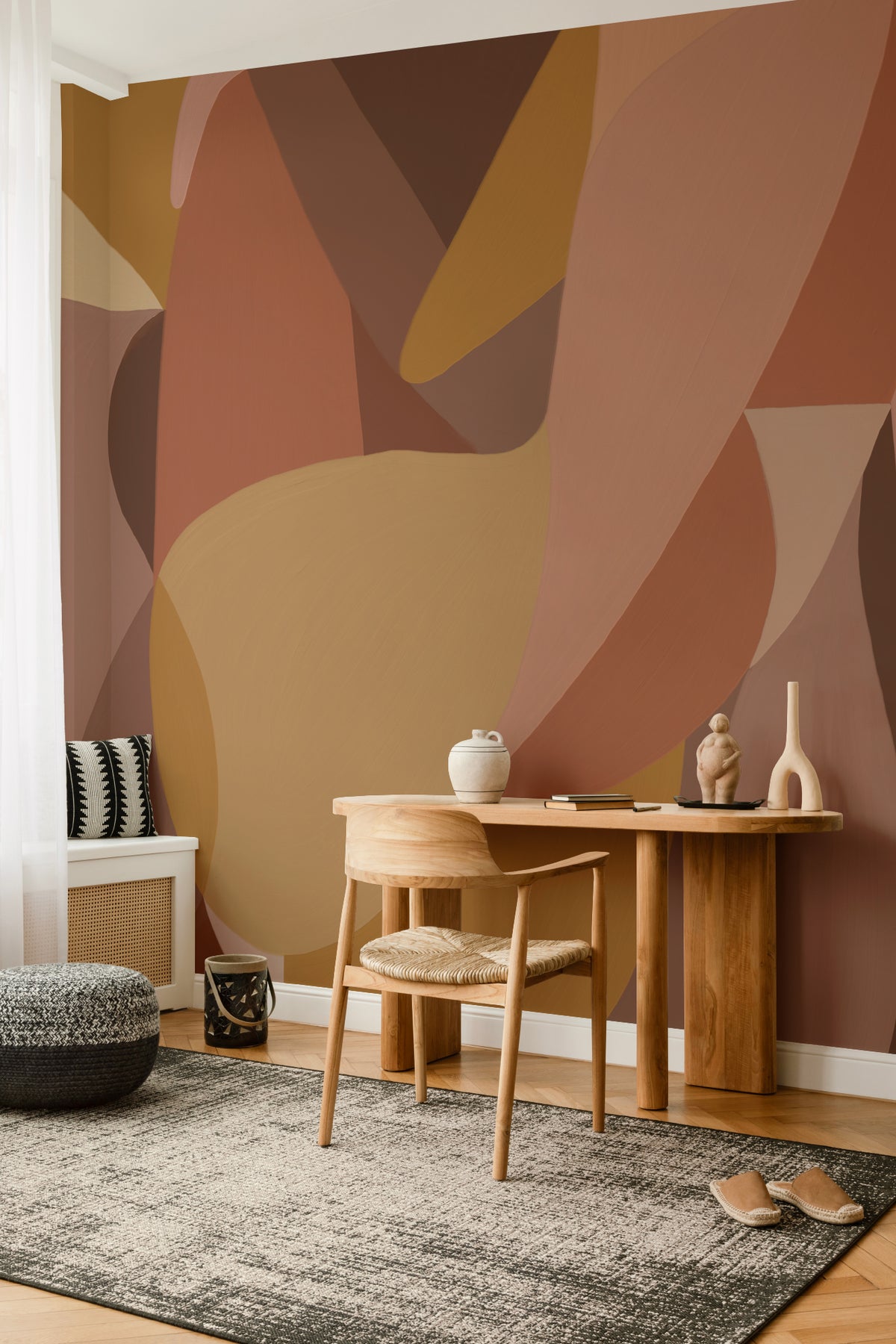 The Muse Silhouette mural in cinnamon and rose in a living room