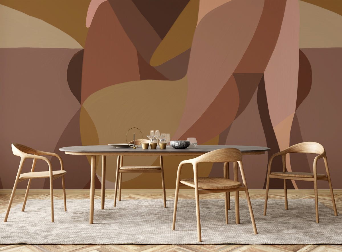 The Muse Silhouette mural in cinnamon and rose behind a dining table