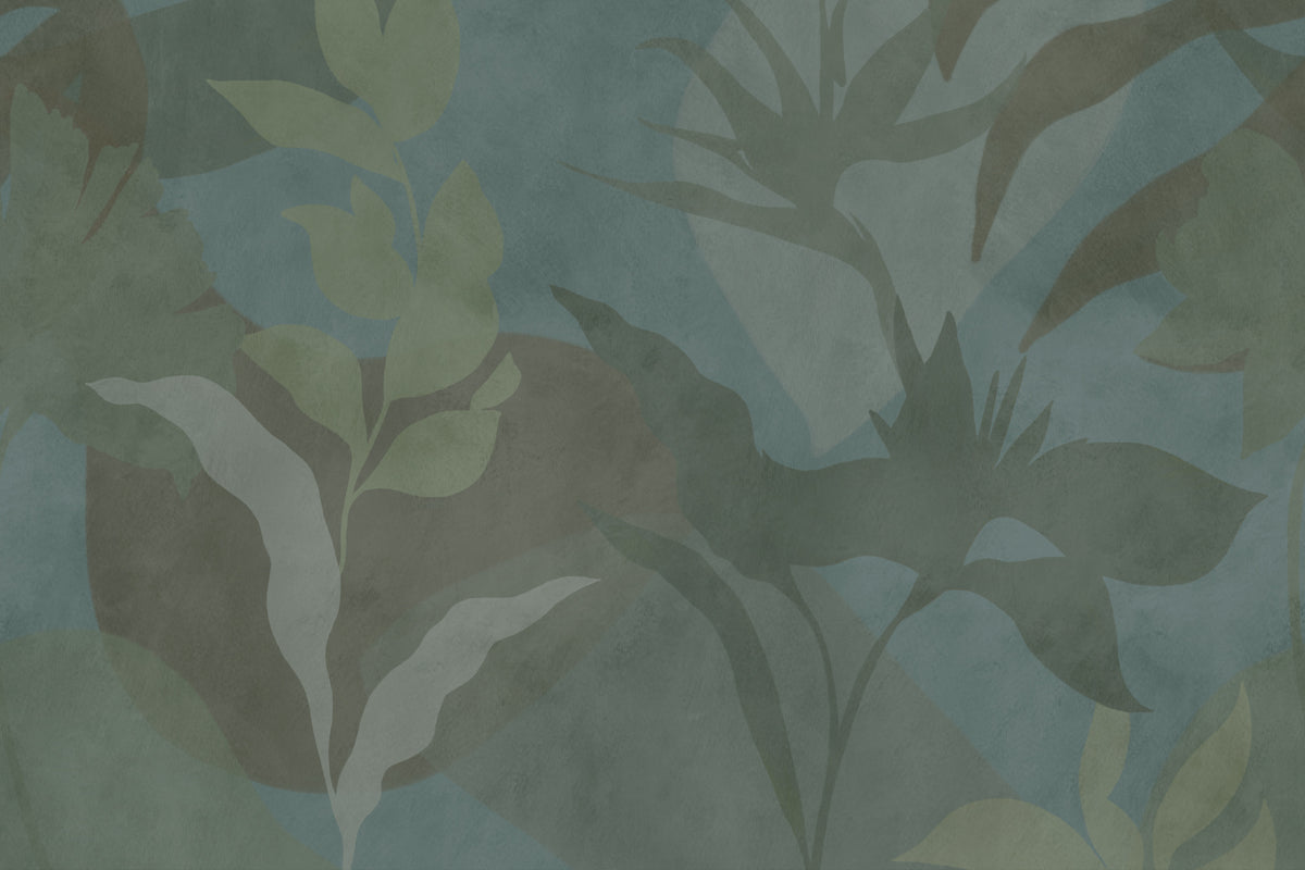 Full artwork view of The Nocturne Fronds mural in deep teal and moss, showing shadowy tropical leaves
