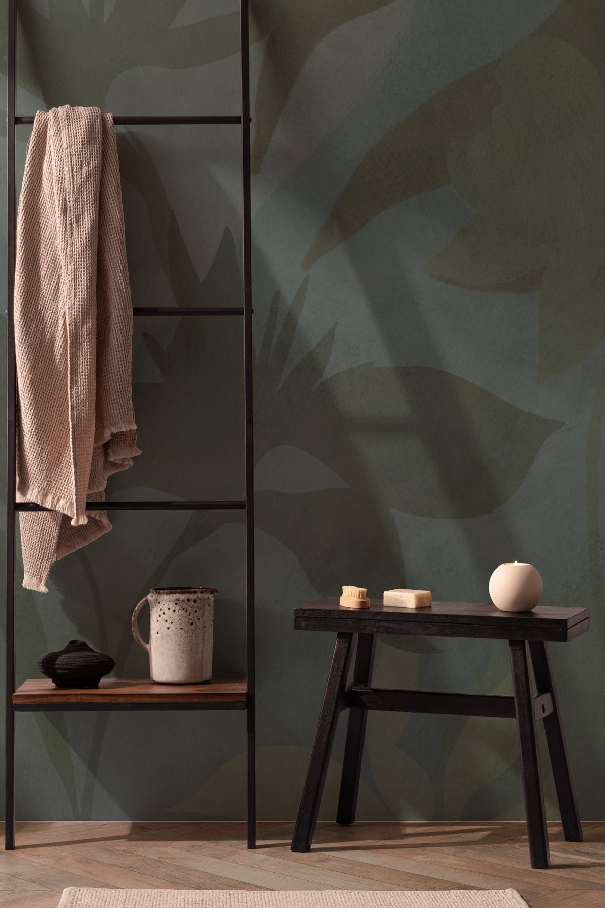 The Nocturne Fronds mural in deep teal and moss in a study corner with a desk