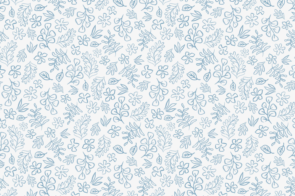 Flat pattern view of The Nordic Bough wallpaper in soft denim blue, showing the small botanical sprigs
