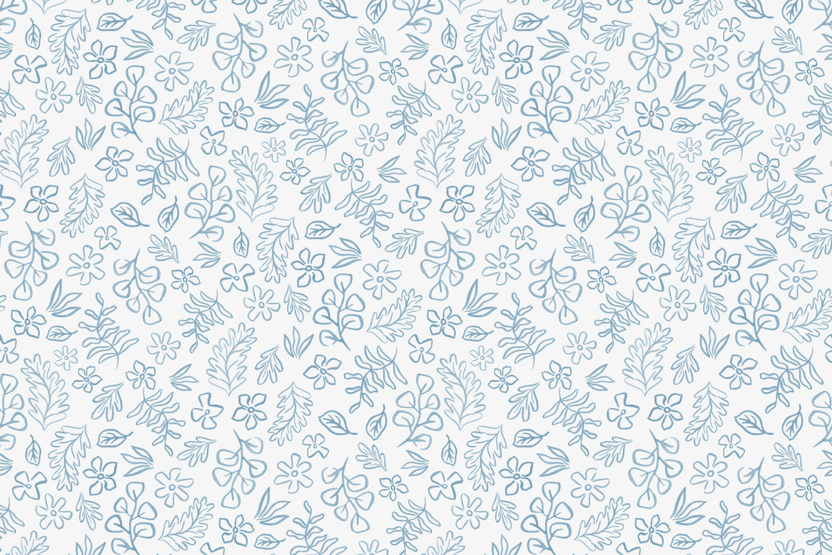 Flat pattern view of The Nordic Bough wallpaper in soft denim blue, showing the small botanical sprigs