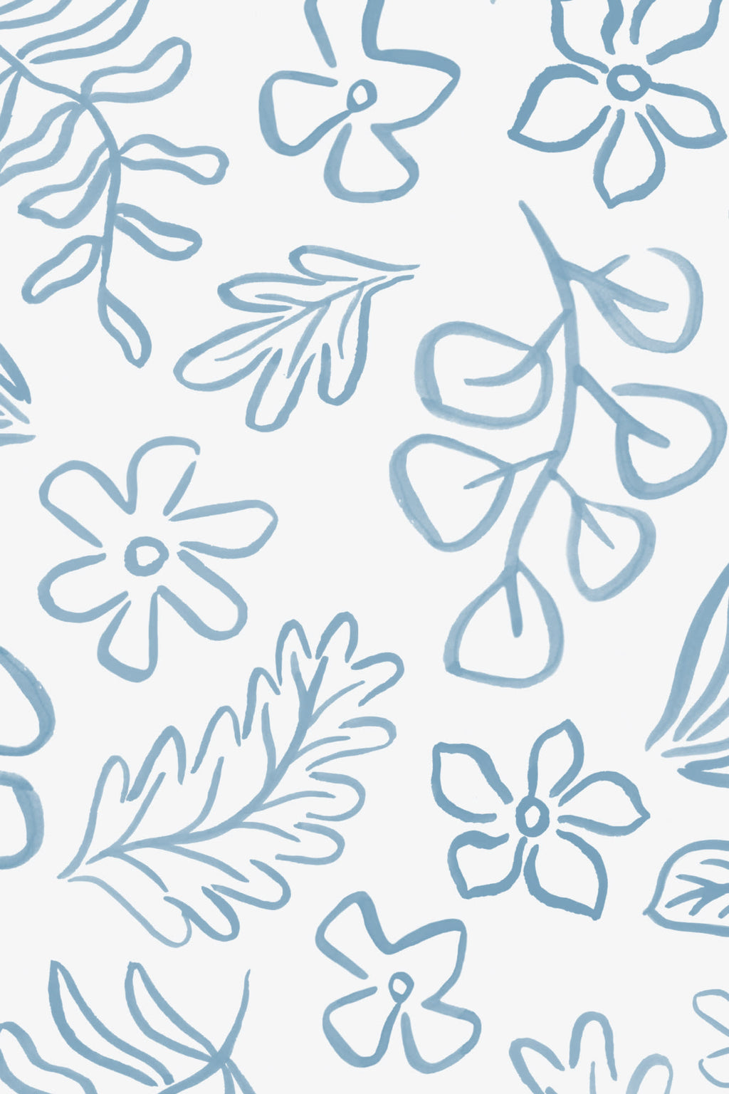 Close-up of The Nordic Bough wallpaper in soft denim blue showing the small botanical sprigs in detail